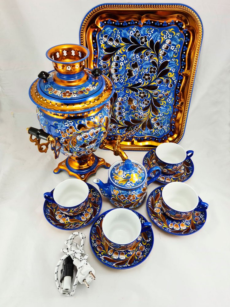 Самовар электрический, набор с чайнми парами, синий, Желудь, 3 литра