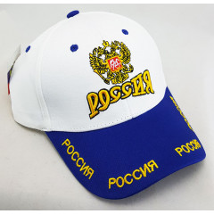 Головной убор Бейсболка Герб России, белый верх синий козырек.