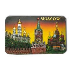 Магнит полистоун 022-08-19K7-Y прямоуг. рельефный "Москва. Спасская башня-Соборы кремля-ХВБ" на жёлтом фоне