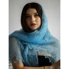 Платок Пуховый платок ручной работы паутинка голубая, 120 x 120
