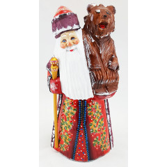 Новый Год и Рождество резная деревянная игрушка Дед Мороз с мишкой на плече