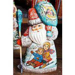 Новый Год и Рождество резная деревянная игрушка Дед Мороз мал, миниатюры дети на санях и снеговик