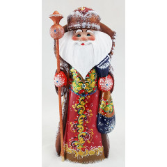 Новый Год и Рождество резная деревянная игрушка Дед Мороз c прямым посохом в руке