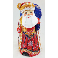 Новый Год и Рождество резная деревянная игрушка Дед Мороз с большим синим мешком и березовым посохом