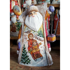 Новый Год и Рождество резная деревянная игрушка Дед Мороз с фонарем, миниатюры дети в санях и снеговик, 27